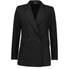 A black womens blazer with a double-breasted design, long sleeves, and two front pockets. The blazer has a classic collar and button closure.
