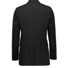 A black formal blazer displayed from the back. It features long sleeves, a classic collar, and button details on the cuffs. The fabric appears smooth and well-tailored.