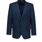 A navy blue mens blazer with a notch lapel, two buttons, and flap pockets. The blazer is displayed against a white background.