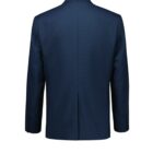 The image shows the back view of a dark blue suit jacket with long sleeves. The jacket has a central seam and buttons on the cuffs.