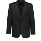 A classic black mens blazer with a notched lapel and two buttons, featuring two front pockets and a breast pocket, set against a plain white background.