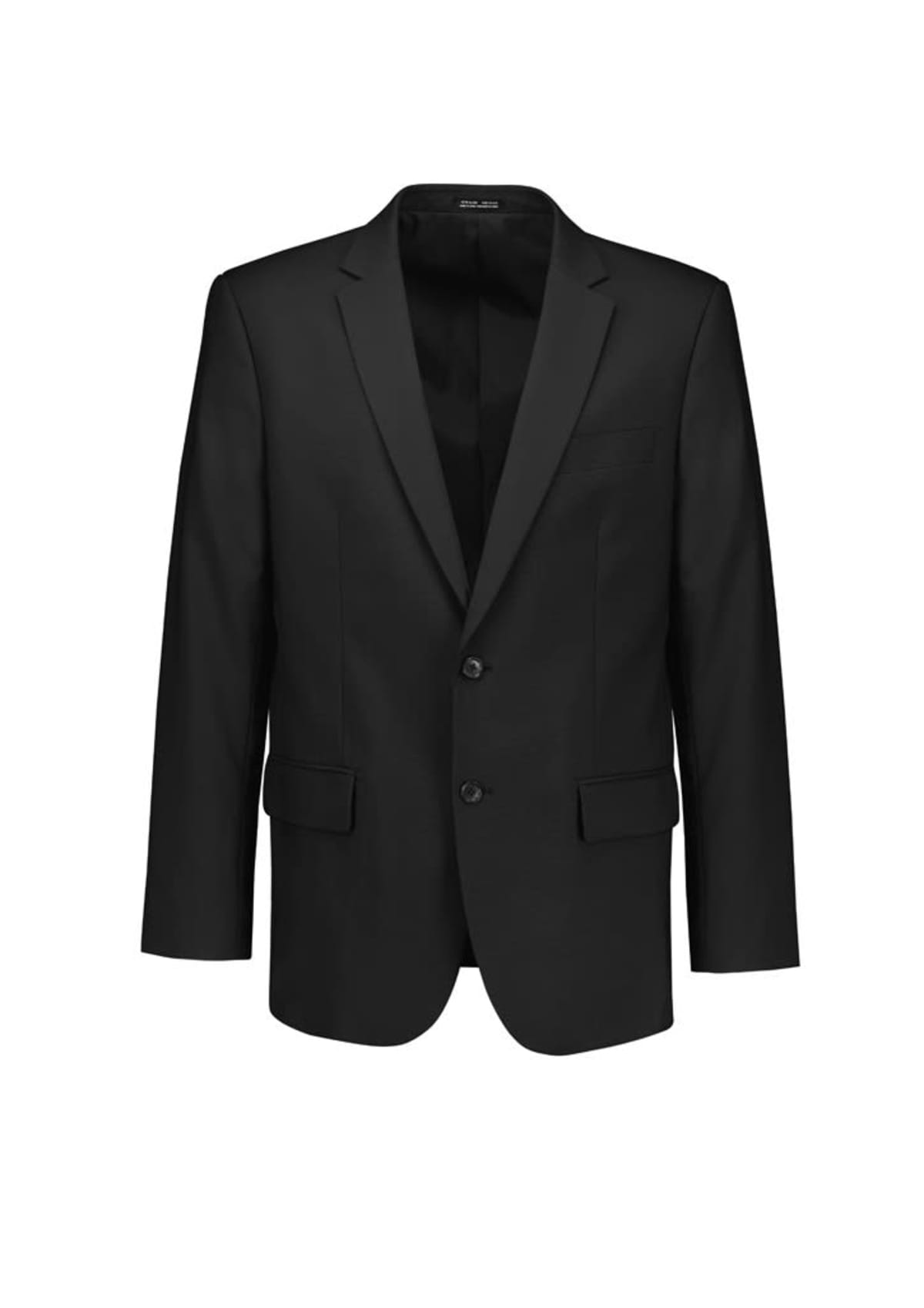 A classic black mens blazer with a notched lapel and two buttons, featuring two front pockets and a breast pocket, set against a plain white background.
