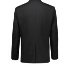 A back view of a black suit jacket on a white background. The jacket features long sleeves and a single vent at the bottom center.