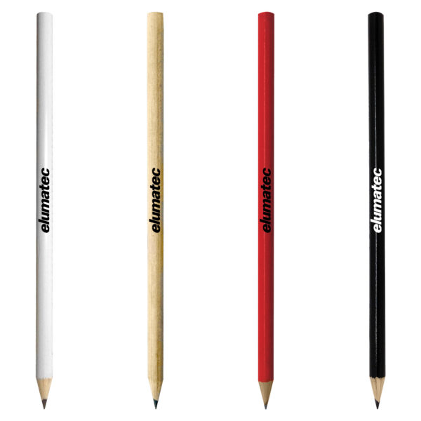 Four vertically lined, full-length elumatec pencils are displayed on a plain white canvas, featuring colors in sequence from left to right: white, light wood, red, and black. These are the Round Full Length Timber HB Pencils Sharpened.