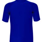 The Fusion Rashie features a plain, vibrant blue design with short sleeves and a high collar, elegantly set against a white background.