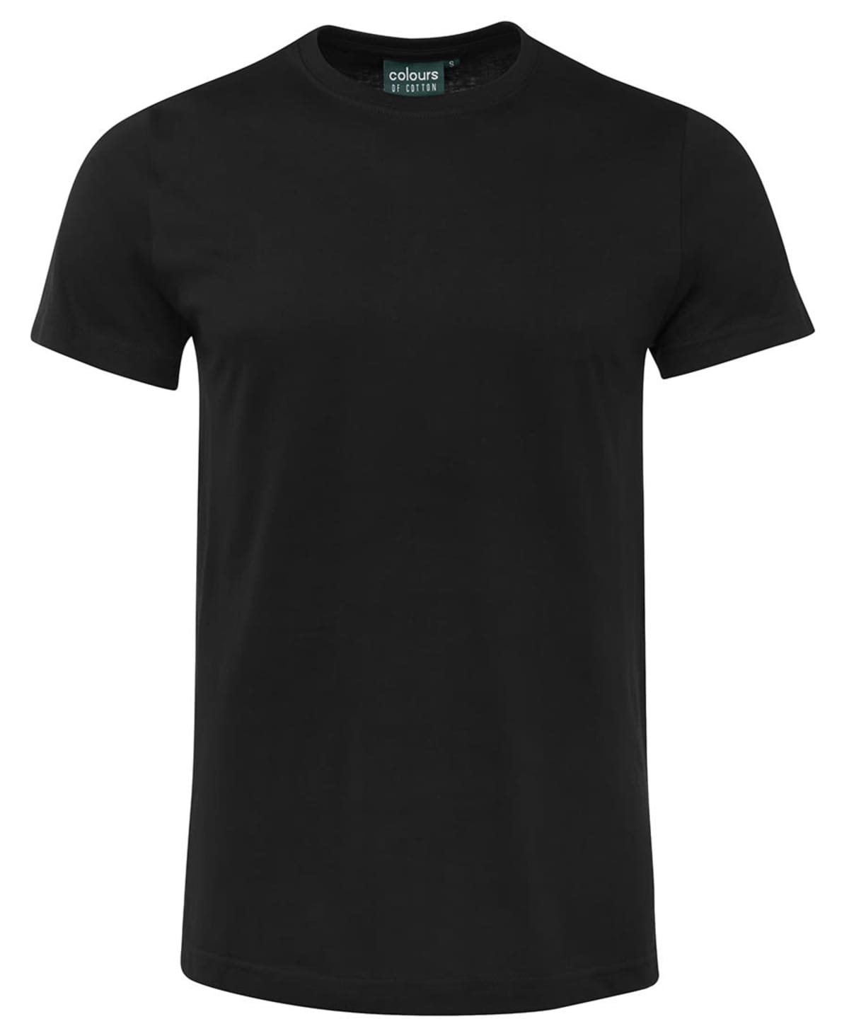 A plain black T-shirt is shown against a white background. The T-shirt features short sleeves, a round neckline, and appears to be made of a soft, lightweight fabric.