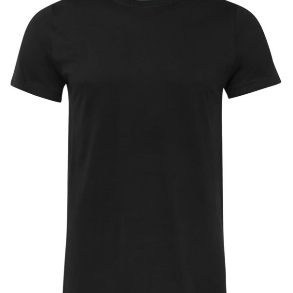 A plain black t-shirt displayed against a white background. It has short sleeves, a round neckline, and the label colours is visible inside the collar.