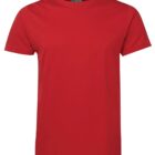A plain red T-shirt with a round neckline, displayed on a white background. The label inside the collar is partially visible.