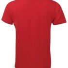 A plain red t-shirt displayed from the back, showing its simple design and short sleeves.