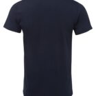 A plain black T-shirt is shown from the back. The shirt has short sleeves and a crew neckline, with no visible logos or designs.