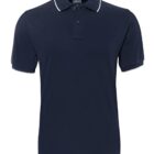A navy blue polo shirt with a collar, two buttons, and short sleeves. Subtle white piping is visible along the edges of the collar. The shirt is plain, with no additional designs or logos.