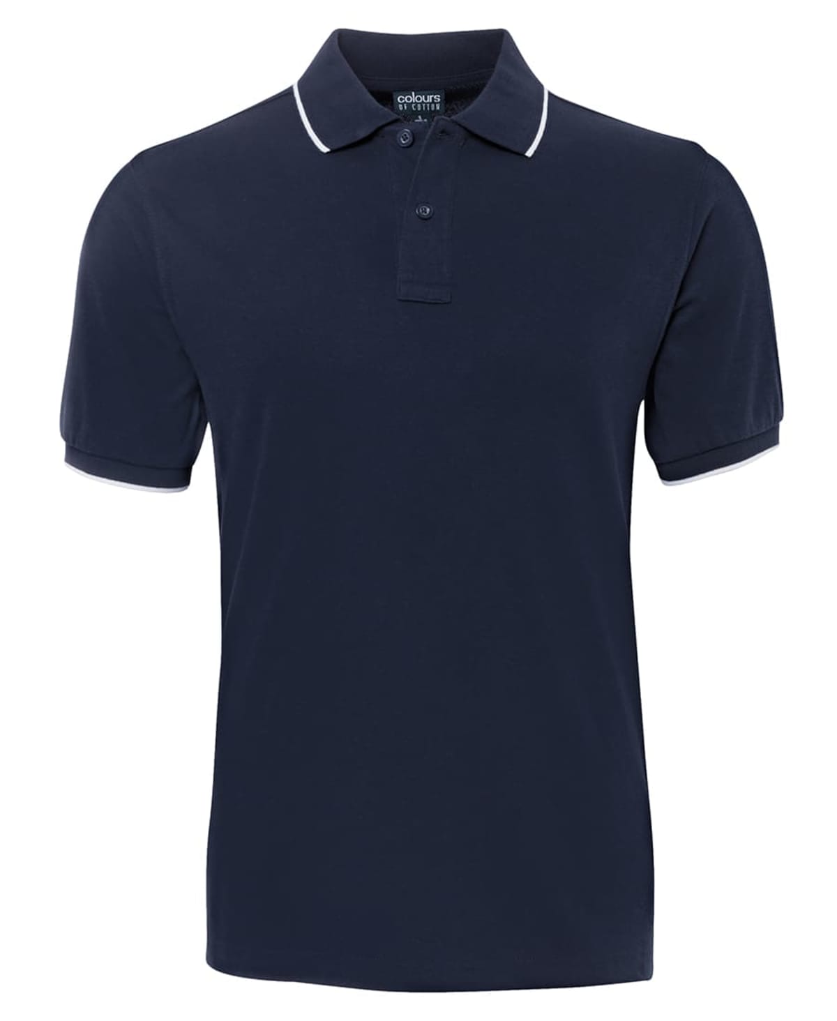 A navy blue polo shirt with a collar, two buttons, and short sleeves. Subtle white piping is visible along the edges of the collar. The shirt is plain, with no additional designs or logos.