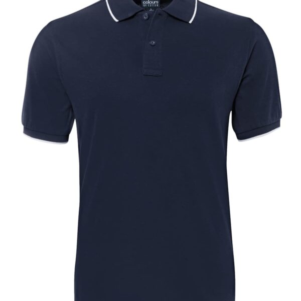 A navy blue polo shirt with short sleeves and white trim on the collar and sleeve edges. The shirt features a button-up placket with two buttons.