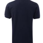Back view of a plain navy blue polo shirt with short sleeves and a white trim around the collar and sleeve hems. The shirt is laid flat against a white background.
