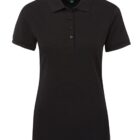 A plain black short-sleeve polo shirt with a collar and a three-button placket down the front.