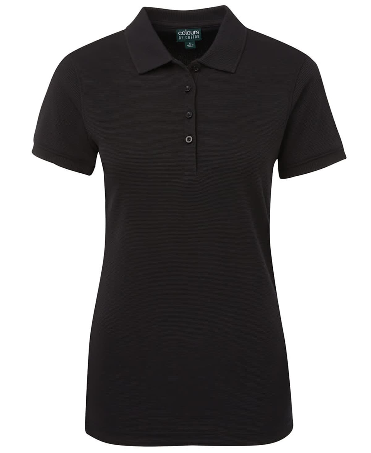 A plain black short-sleeve polo shirt with a collar and a three-button placket down the front.