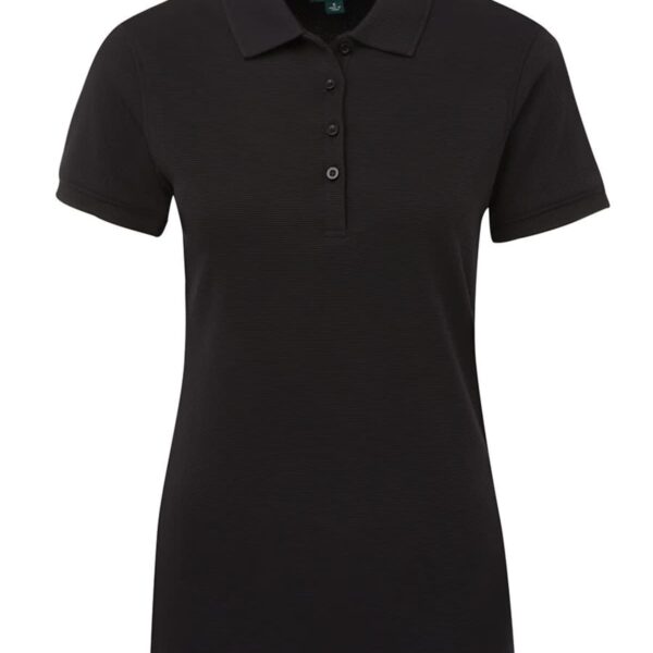 A black short-sleeve polo shirt with buttons and a collar, displayed against a white background.