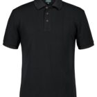 A black polo shirt with short sleeves and a classic collar. It features a three-button placket and a textured fabric. The shirt is displayed on a plain white background.