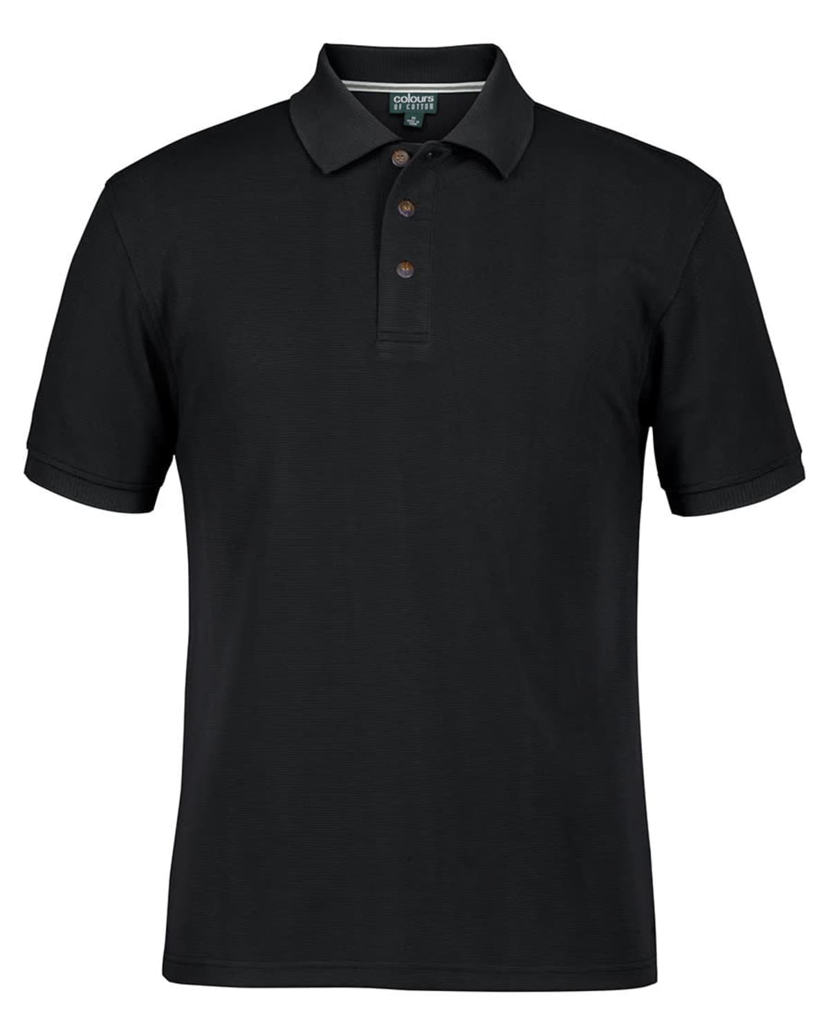 A black polo shirt with short sleeves and a classic collar. It features a three-button placket and a textured fabric. The shirt is displayed on a plain white background.