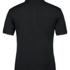 A plain black polo shirt is displayed with a back view, showing its collar and short sleeves. The fabric appears smooth and fitted, suitable for casual or semi-formal wear.