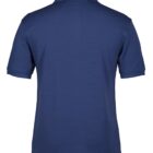 A dark blue short-sleeved polo shirt is shown from the back. It features a classic collar and plain design.