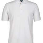 A plain white polo shirt with short sleeves, a traditional collar, and three buttons at the front.