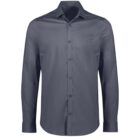 Long-sleeve, button-up, dark gray dress shirt with a collar, displayed on a white background.