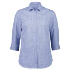 A light blue, three-quarter sleeve, button-up shirt with a subtle check pattern. It features a collar and is displayed on a white background.