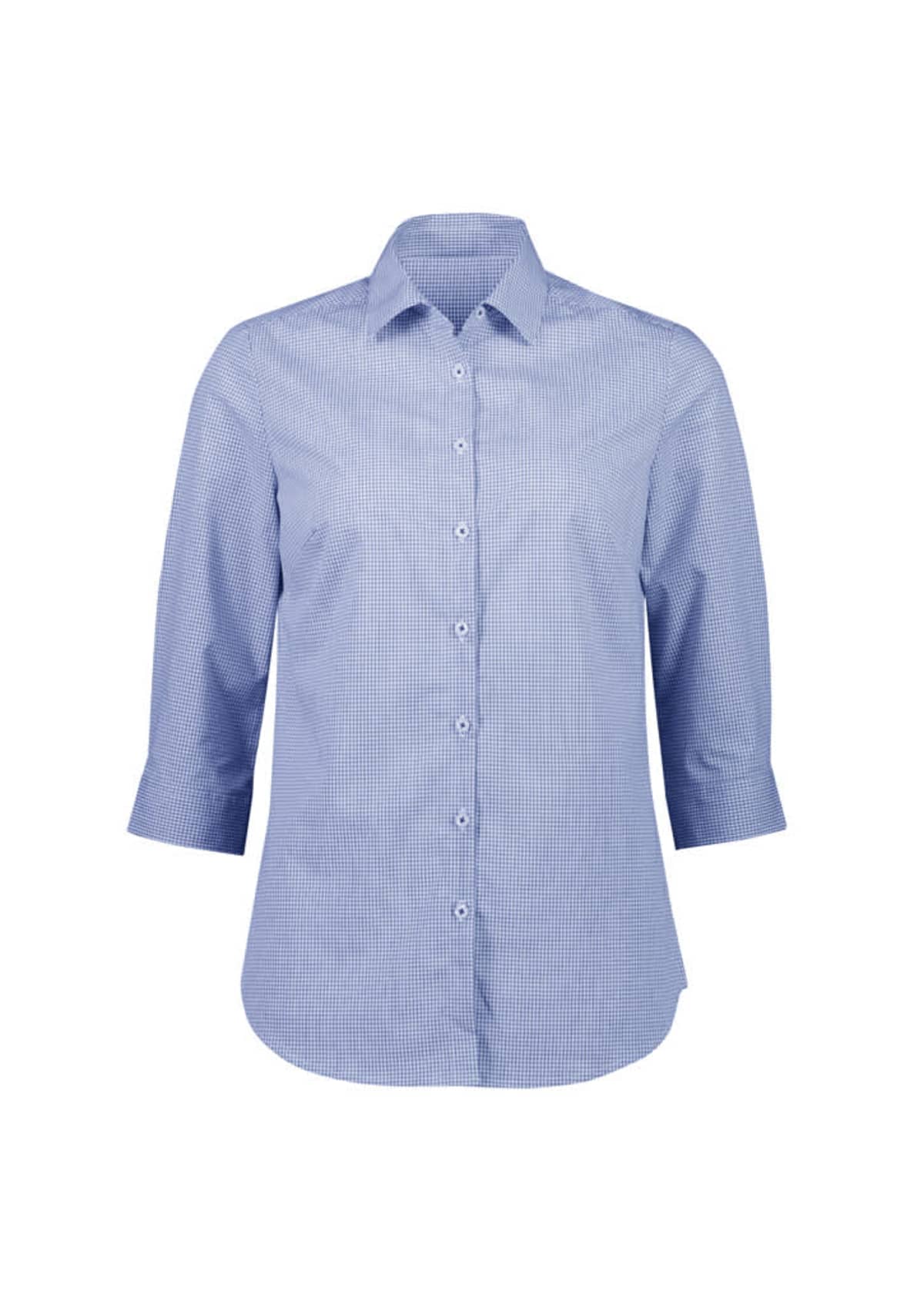 A light blue, three-quarter sleeve, button-up shirt with a subtle check pattern. It features a collar and is displayed on a white background.