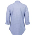 Back view of a light blue checkered button-up shirt with long sleeves and a classic collar. The shirt has buttoned cuffs and a rounded hem.