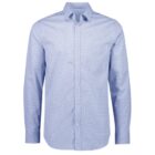 Light blue, long-sleeved dress shirt with small checkered pattern. Features a classic collar and white buttons down the front. The shirt is unbuttoned at the collar and shown on a white background.