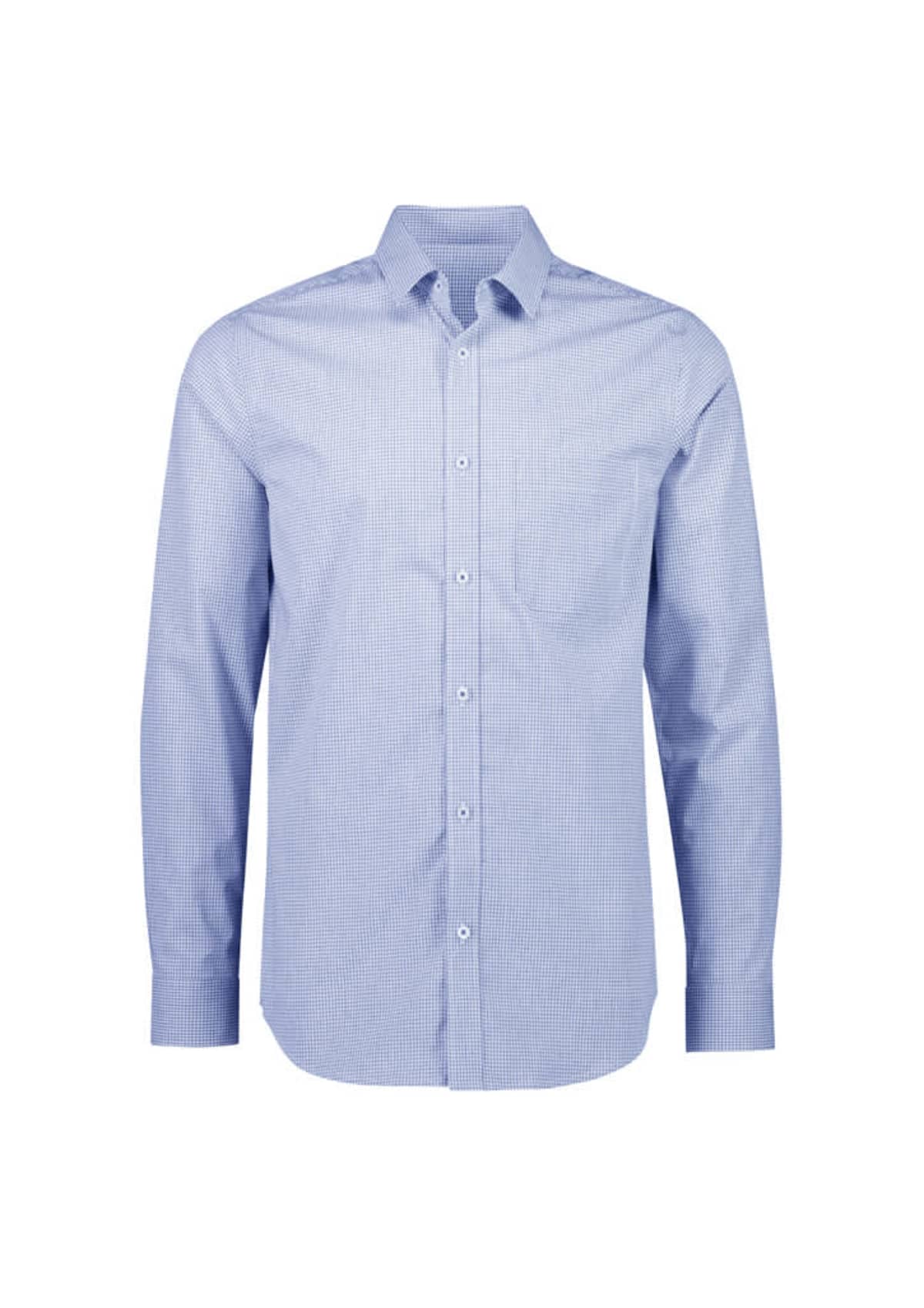 Light blue, long-sleeved dress shirt with small checkered pattern. Features a classic collar and white buttons down the front. The shirt is unbuttoned at the collar and shown on a white background.