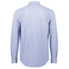 Back view of a light blue long-sleeve dress shirt with a button-down collar. The shirt features a subtle checkered pattern with buttoned cuffs and a curved hem. The fabric appears smooth and slightly crisp.