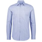 Light blue long-sleeve, button-up shirt with a subtle checkered pattern. It features a classic collar and white buttons down the front. The shirt is displayed against a white background.