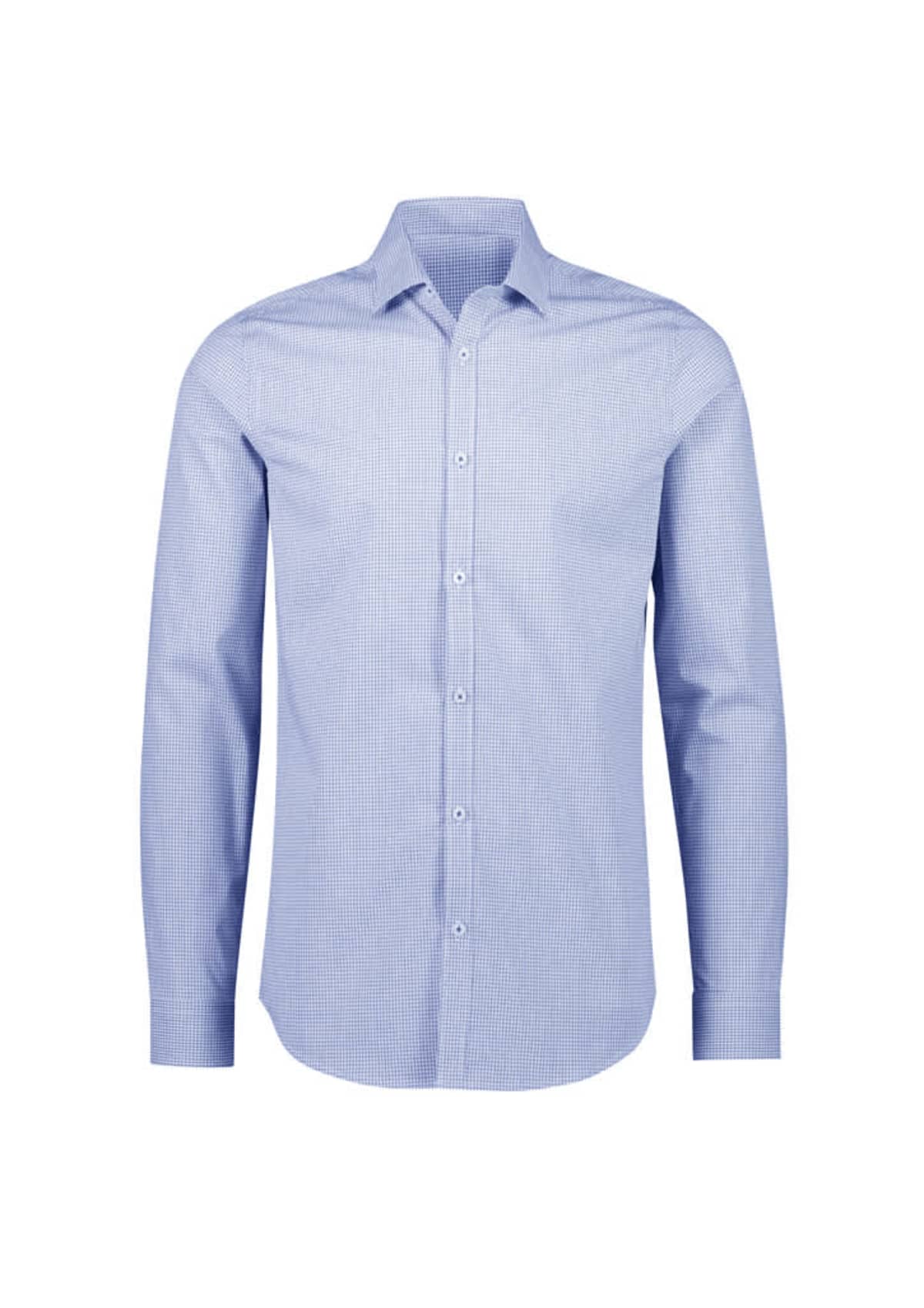 Light blue long-sleeve, button-up shirt with a subtle checkered pattern. It features a classic collar and white buttons down the front. The shirt is displayed against a white background.