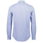 Back view of a blue checkered long-sleeve shirt displaying buttoned cuffs and a pointed collar, set against a white background.