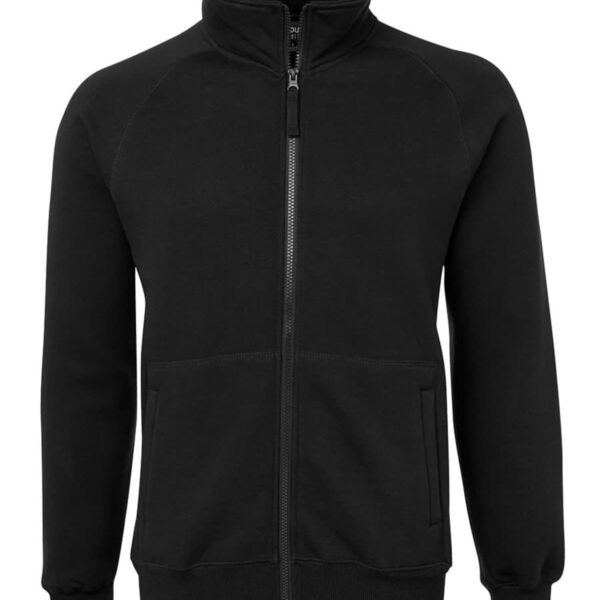A black full-zip jacket with a high collar and long sleeves. The jacket features a visible front zipper and two side pockets. It has a simple, sleek design with no visible branding or patterns.