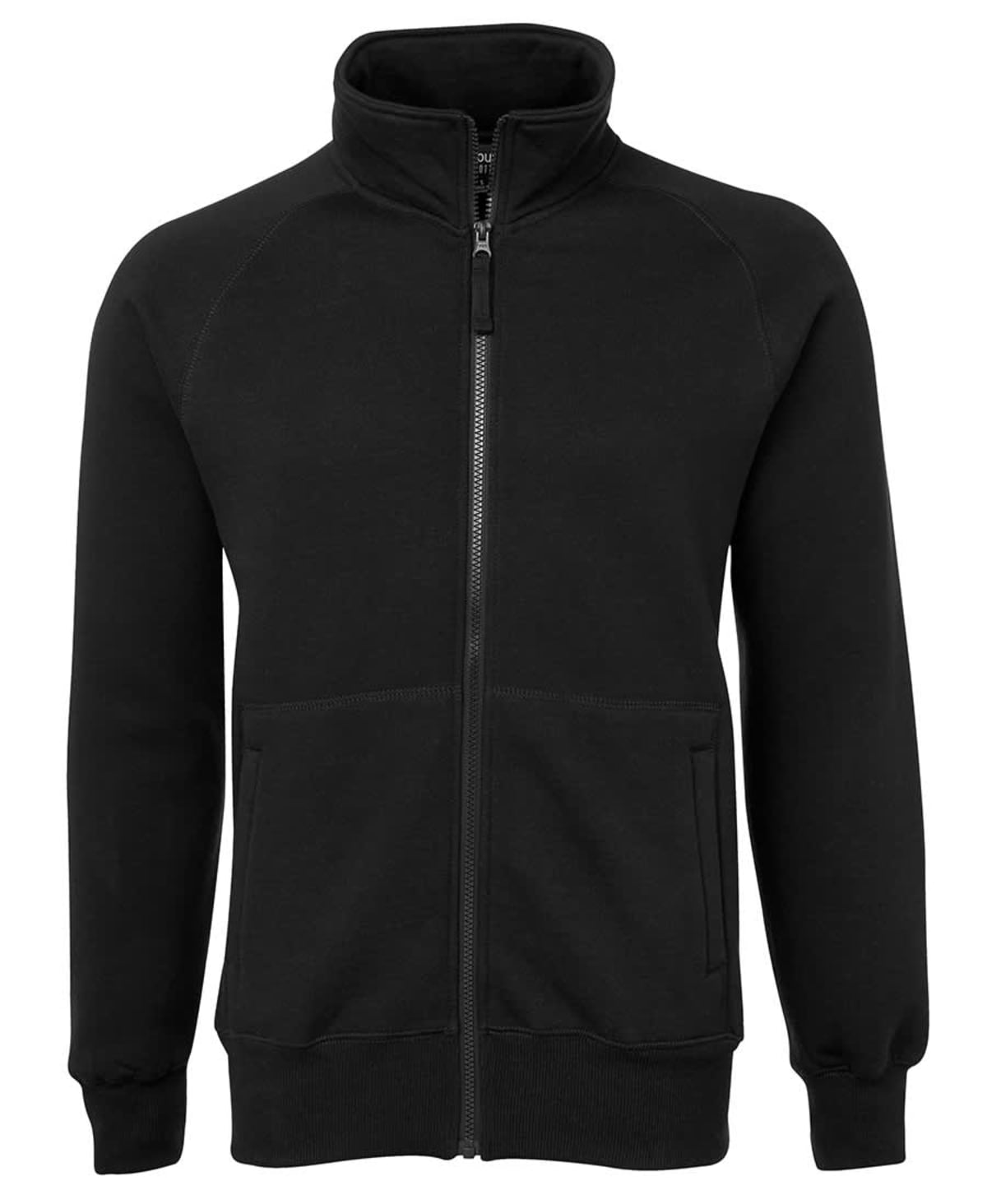 A black zip-up jacket with a high collar and long sleeves. It features two side pockets and a visible front zipper. The fabric appears soft and smooth, suitable for casual wear.