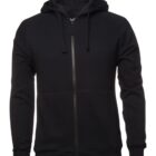 A plain black zip-up hoodie with a hood and drawstrings, displayed against a white background. The hoodie features long sleeves and a front zipper closure.
