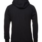 Back view of a plain black hooded sweatshirt with long sleeves. The hoodie has a simple design with ribbed cuffs and a straight hem. No visible logos or patterns are present.