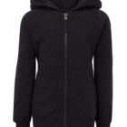 A black hooded sweatshirt with long sleeves and a front zipper. The hoodie appears simple and casual, with ribbed cuffs and waistband, suitable for everyday wear. The hood is up, and the sweatshirt is unadorned with any logos or patterns.
