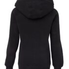 The image shows the back view of a plain black hoodie with a hood. The sleeves are long, and the fabric appears to be soft. There are no visible logos or designs on the garment.