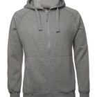 A gray zip-up hoodie with a hood and long sleeves, made of a soft material. The design is plain with a front zipper and no visible logos or markings.