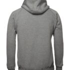 Back view of a plain gray hoodie with a drawstring hood and raglan sleeves, displayed against a white background.