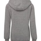 The image shows a gray hoodie viewed from the back. It features long sleeves, a hood, and ribbed cuffs and hem. The material appears soft and casual.