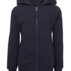 A navy blue zip-up hoodie with long sleeves and a hood. The hoodie is made from a soft, thick fabric and features front pockets. It is designed for casual wear.