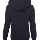 A black hoodie is displayed from the back. The fabric appears soft and the design is simple, featuring a large hood and long sleeves. The garment has a casual and comfortable style.