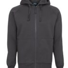 A dark gray zip-up hoodie with a front zipper, drawstring hood, and front pockets. The hoodie is displayed on a plain white background.