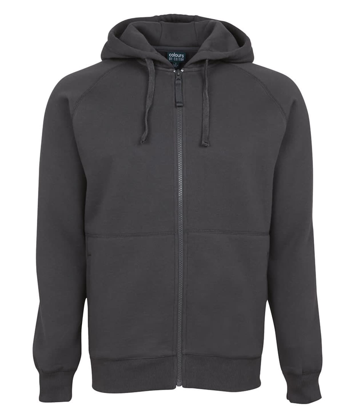 A dark gray zip-up hoodie with a front zipper, drawstring hood, and front pockets. The hoodie is displayed on a plain white background.