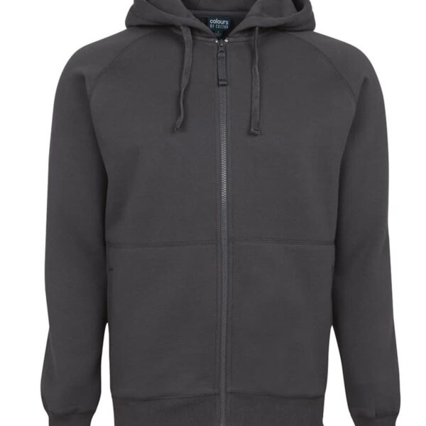 A plain, dark gray zip-up hoodie with a hood and drawstrings, featuring long sleeves and pockets on both sides of the zipper.